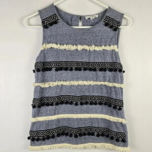 THML Navy and White Tank Top With Frayed Yarn and Pom Pom Detail Size S